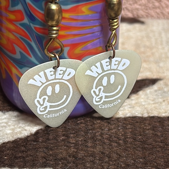 Handmade WEED California Guitar Pik Earrings Brass Fishing Spinners Glow in Dark - Picture 2 of 4